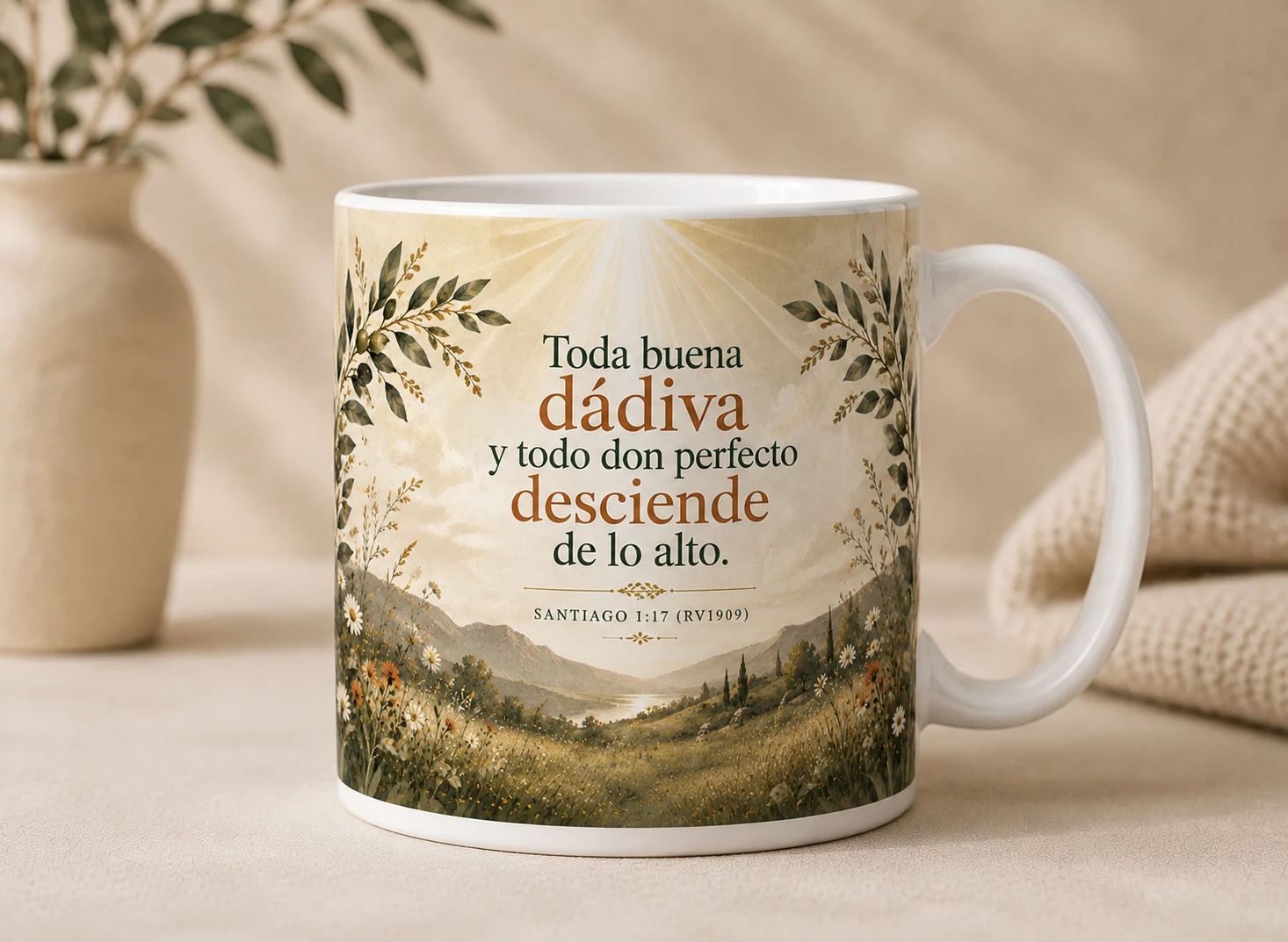 Mug VERBO 'Toda buena dádiva y todo don perfecto desciende de lo alto', con ilustración de paisaje luminoso de montañas