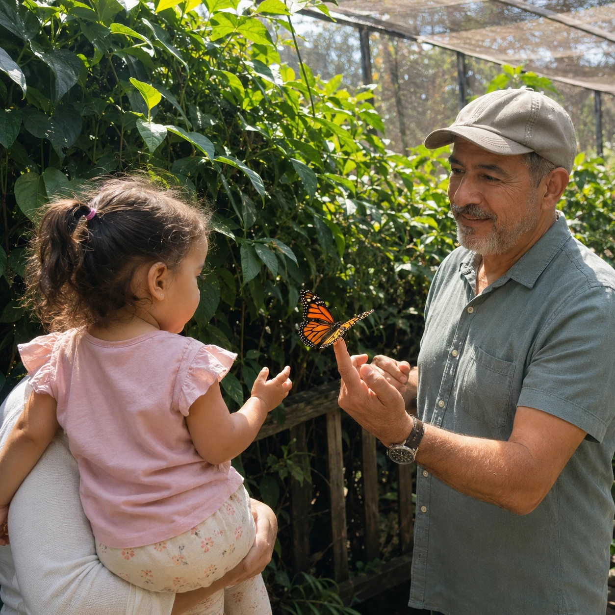 Fotografía demostrativa generada con inteligencia artificial de una nieta y su abuelo observando una mariposa monarca
