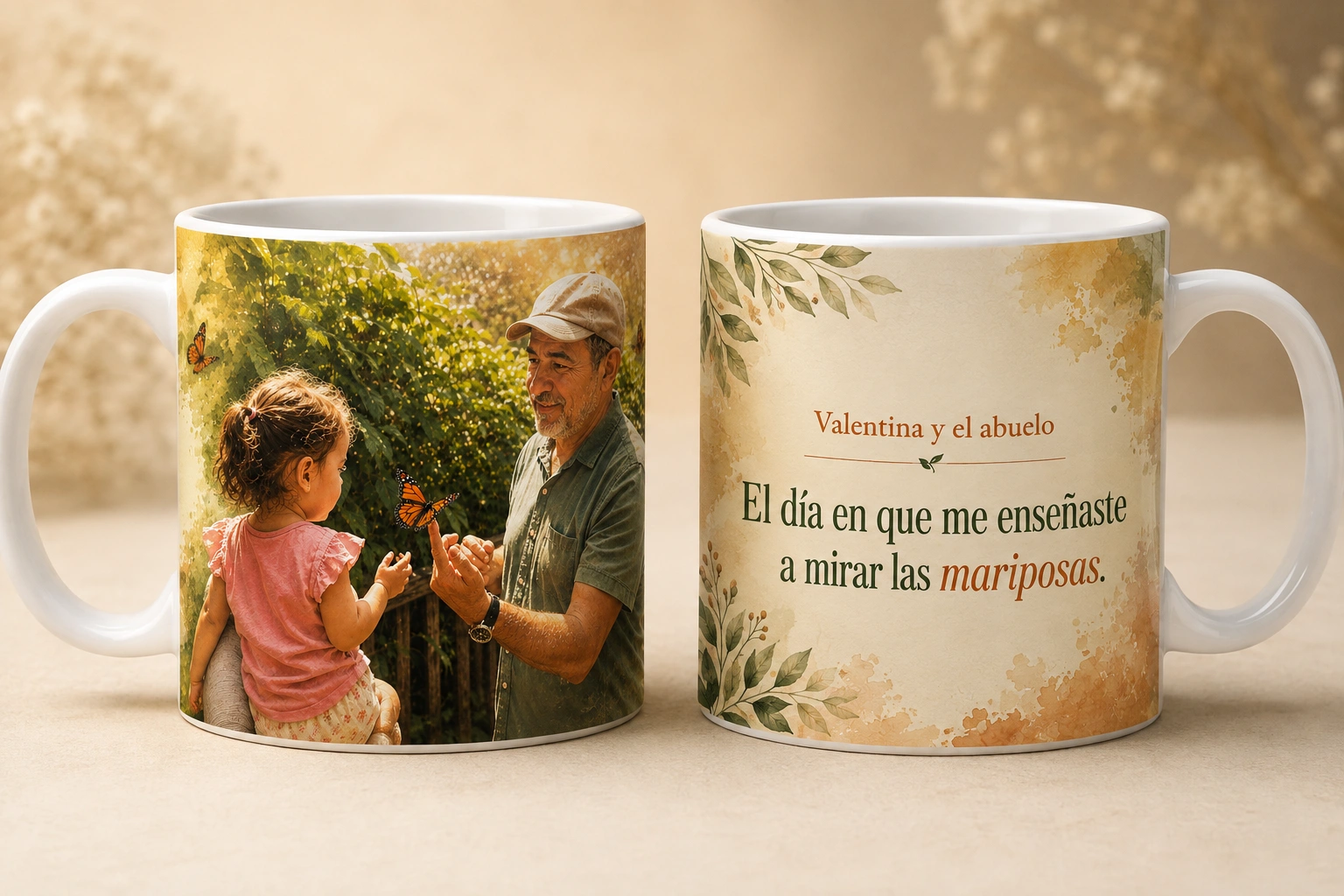 Mug personalizado con el diseño de Valentina y el abuelo aplicado sobre cerámica de 11 oz