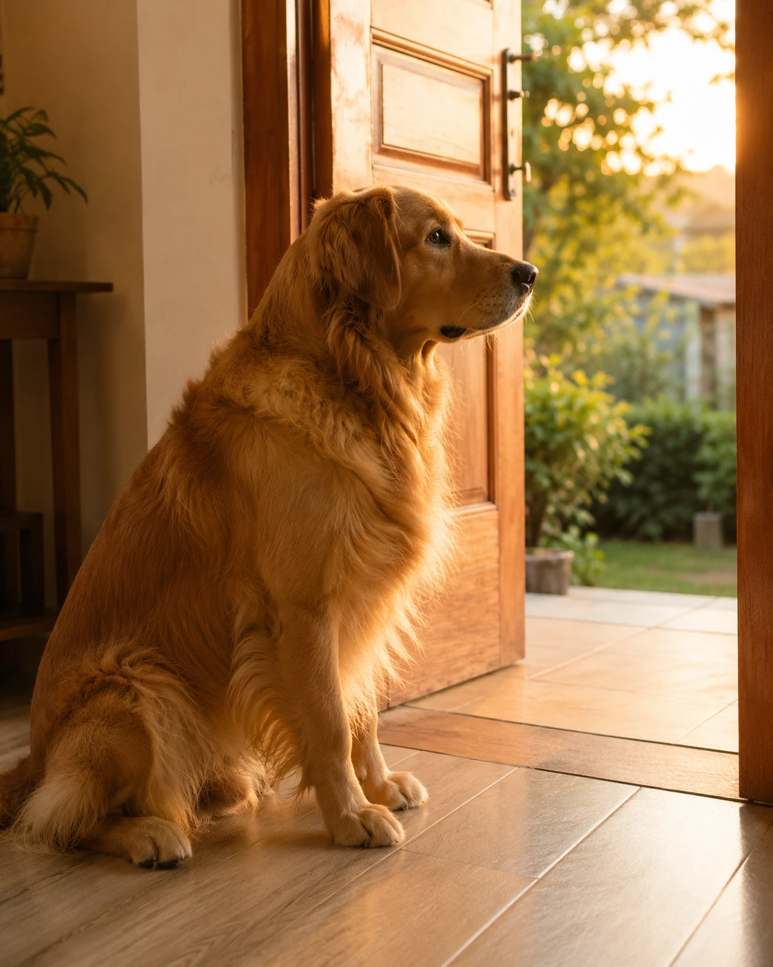 Fotografía demostrativa de un Golden Retriever sentado junto a una puerta abierta al atardecer