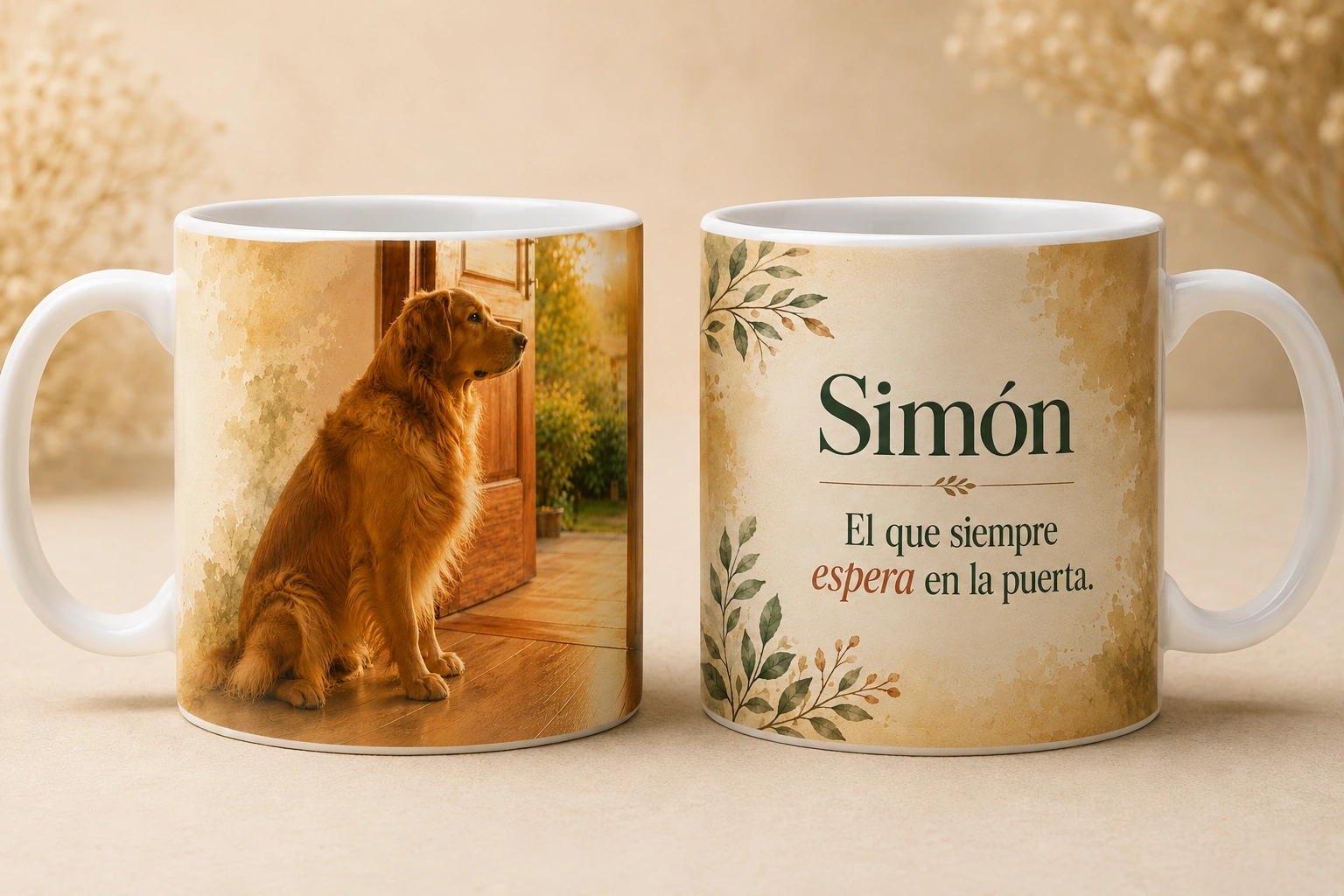 Mug personalizado con la ilustración de Simón junto a la puerta, y la frase 'El que siempre espera en la puerta'