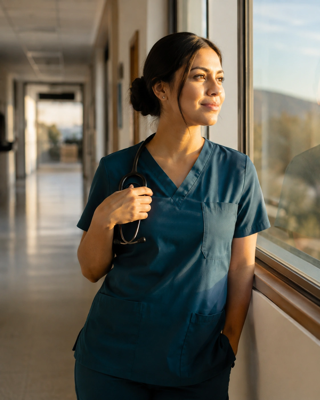 Fotografía demostrativa de una enfermera junto a una ventana de pasillo hospitalario al atardecer