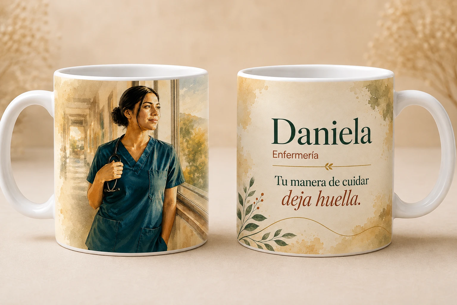 Mug personalizado con la ilustración de Daniela junto a la ventana, con el nombre Daniela y la frase 'Tu manera de cuidar deja huella'