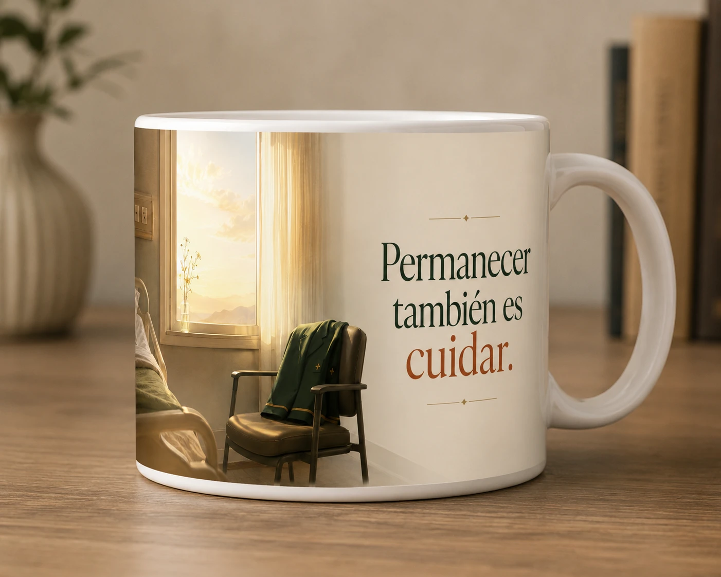 Mug VERBO 'Permanecer también es cuidar', con ilustración de habitación de hospital al amanecer y una chaqueta de uniforme sobre una silla