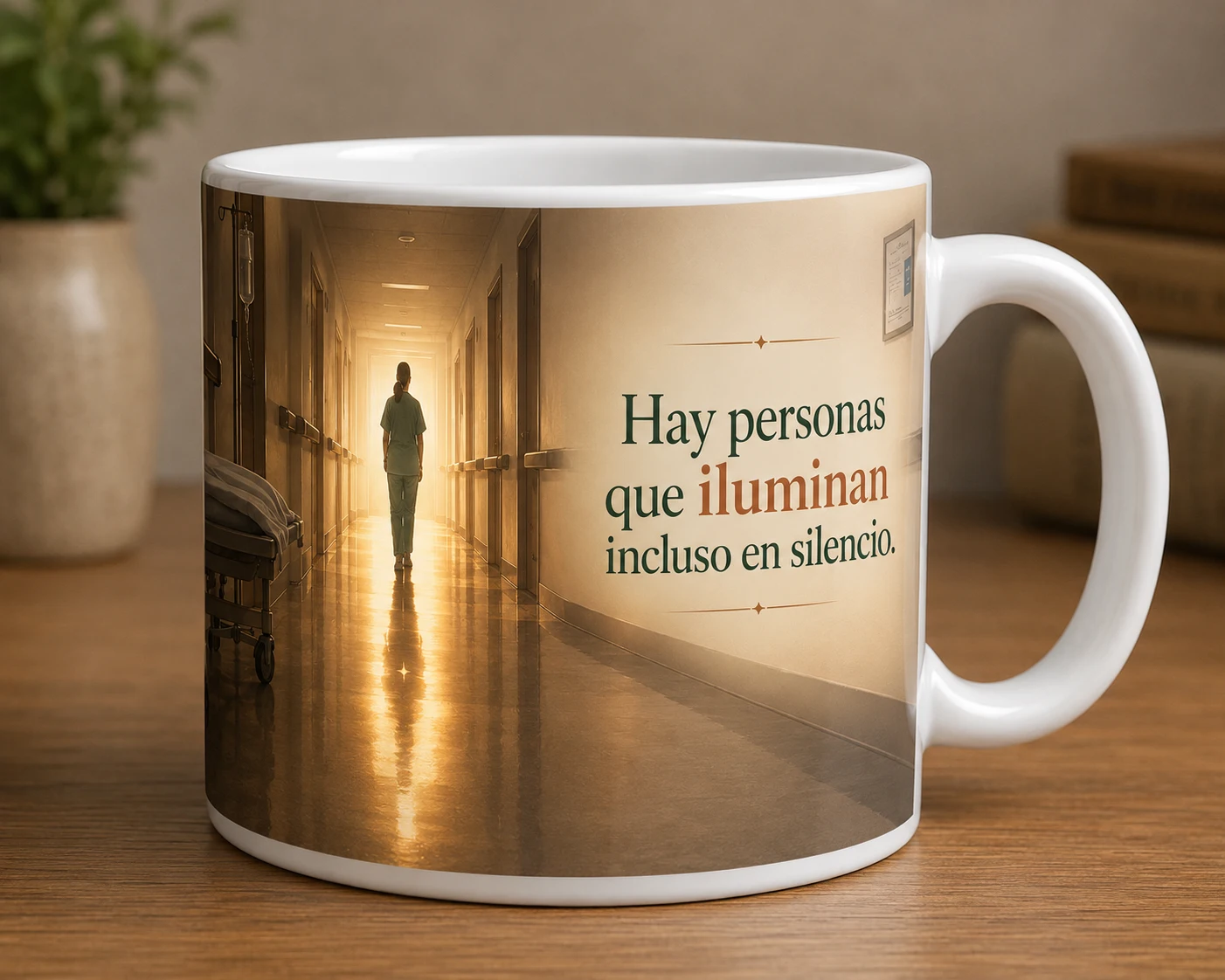 Mug VERBO 'Hay personas que iluminan incluso en silencio', con ilustración de figura caminando por un pasillo hospitalario iluminado
