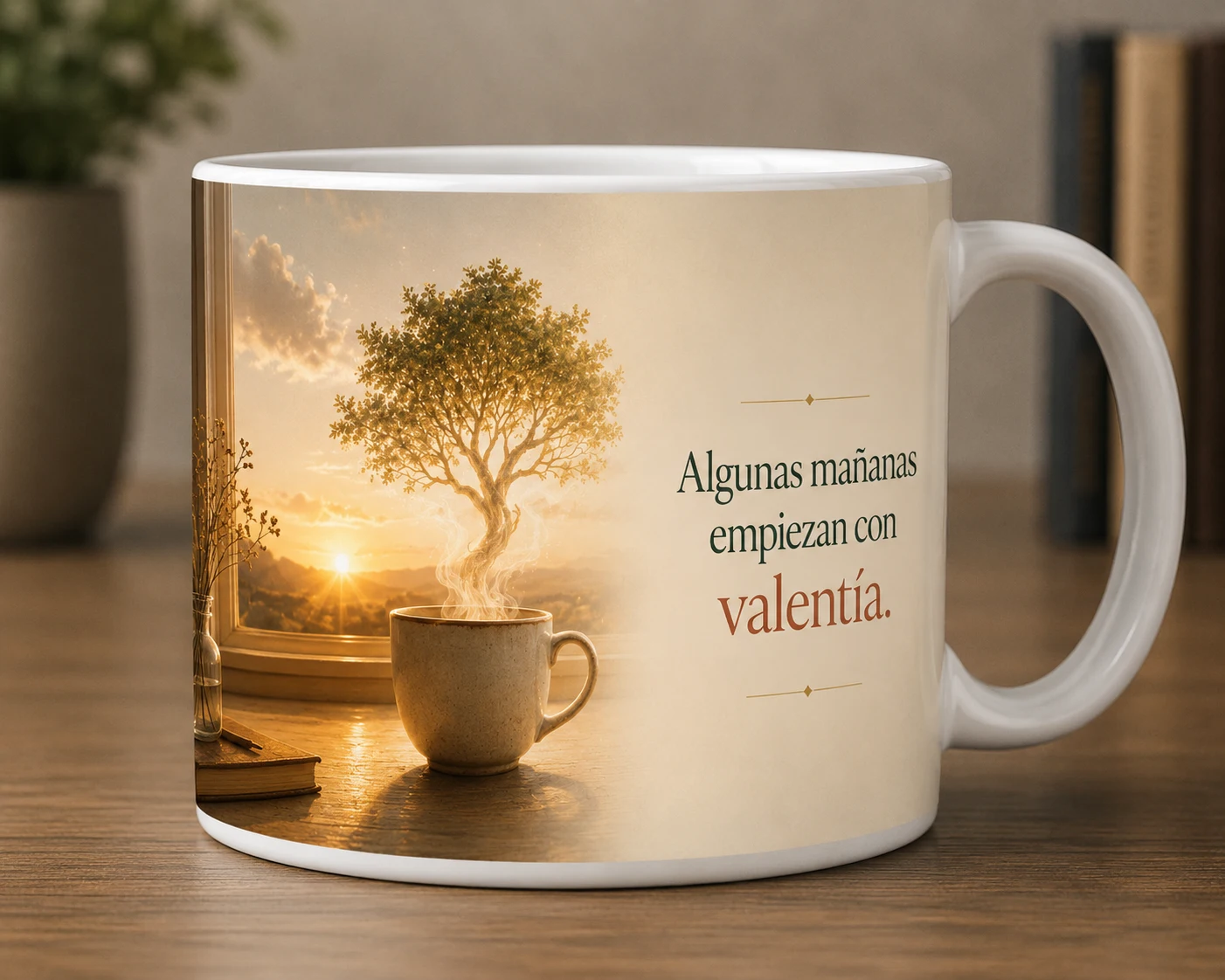 Mug VERBO 'Algunas mañanas empiezan con valentía', con ilustración de una taza junto a una ventana al amanecer de la que surge un árbol