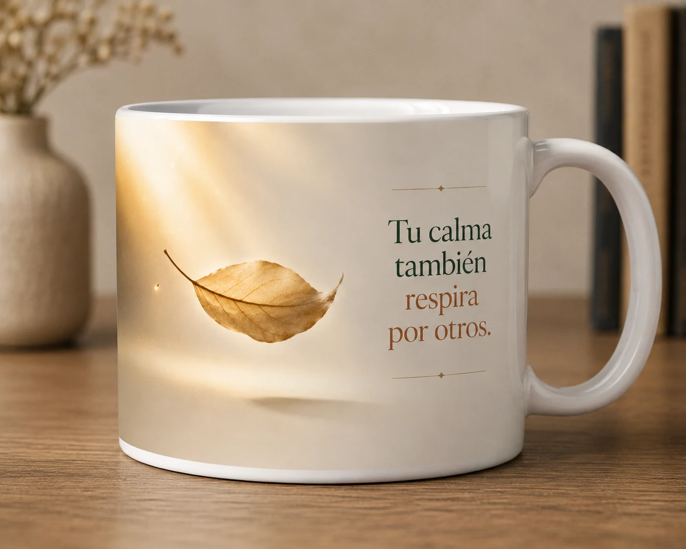 Mug VERBO 'Tu calma también respira por otros', con ilustración de una hoja suspendida en el aire iluminada por luz suave