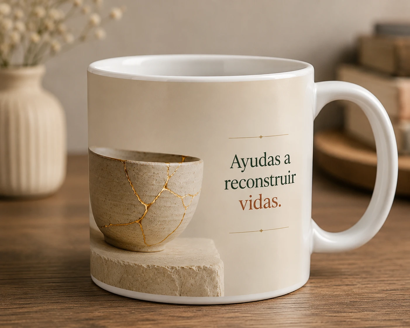 Mug VERBO 'Ayudas a reconstruir vidas', con ilustración de un cuenco de cerámica reparado con la técnica kintsugi