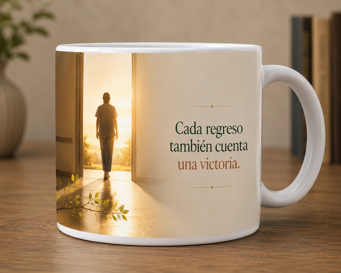 Mug VERBO 'Cada regreso también cuenta una victoria', con ilustración de una persona saliendo por una puerta hacia la luz