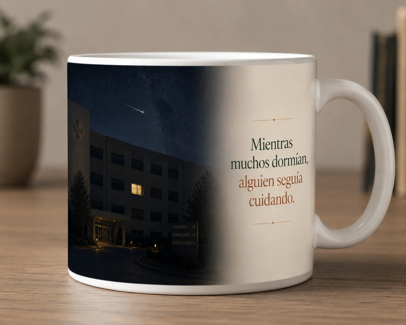 Mug VERBO 'Mientras muchos dormían, alguien seguía cuidando', con ilustración de la fachada de un hospital bajo un cielo estrellado