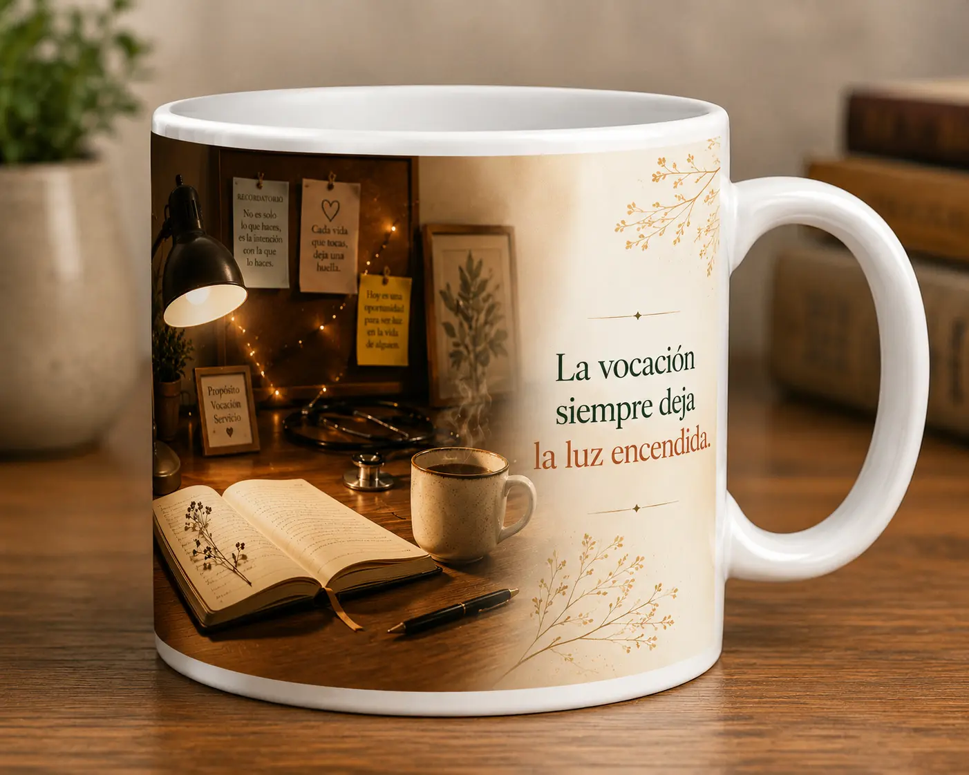 Mug VERBO 'La vocación siempre deja la luz encendida', con ilustración de un escritorio nocturno con lámpara, libreta y taza