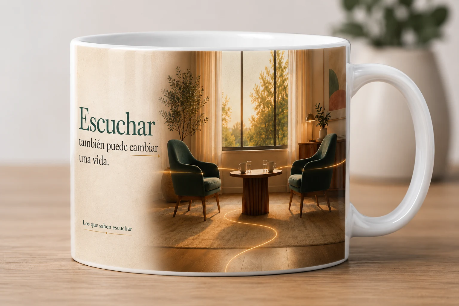 Mug VERBO 'Escuchar también puede cambiar una vida', con ilustración de un consultorio con dos sillas vacías frente a frente