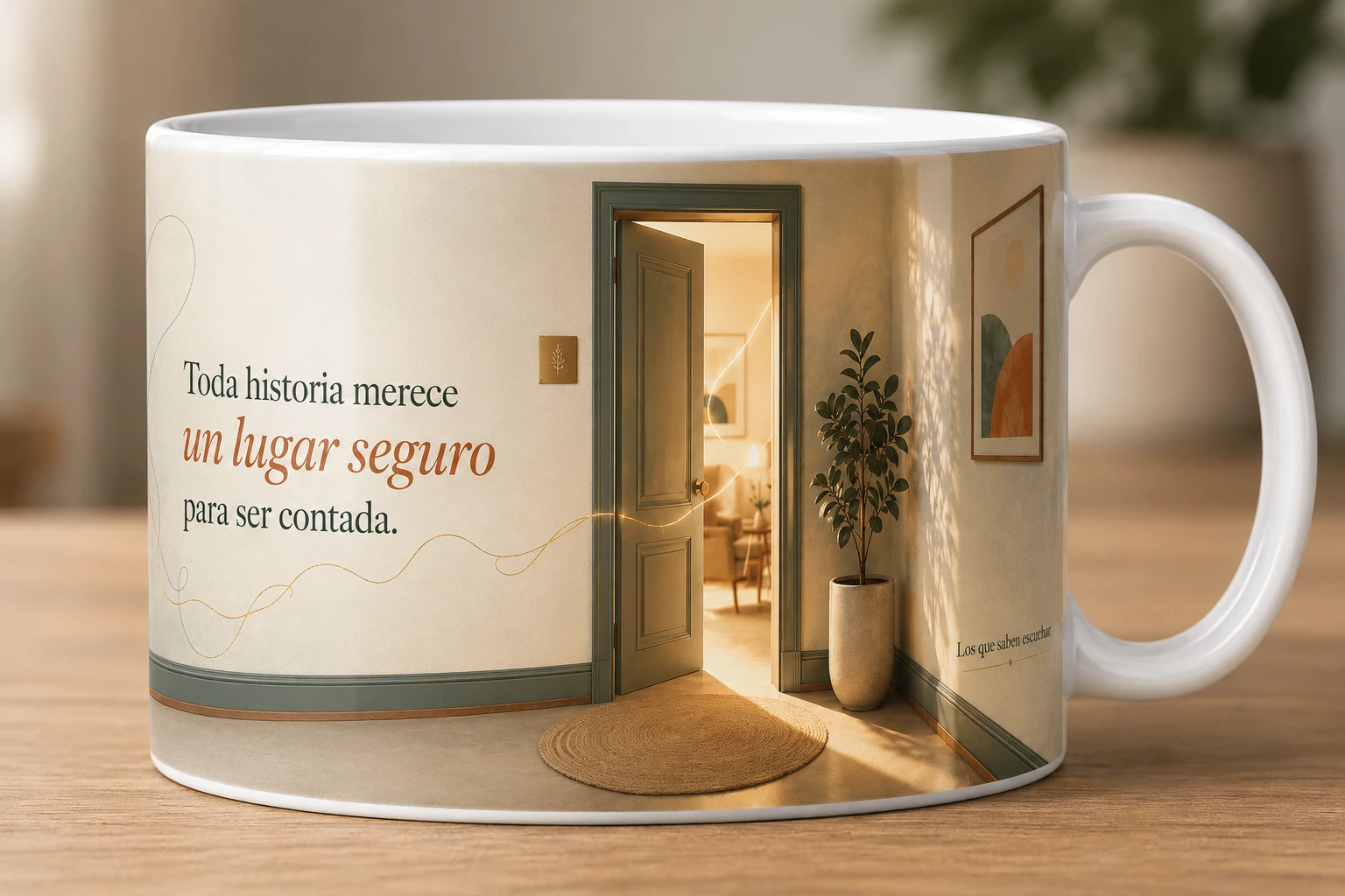 Mug VERBO 'Toda historia merece un lugar seguro para ser contada', con ilustración de un corredor que conduce a una puerta entreabierta con luz cálida