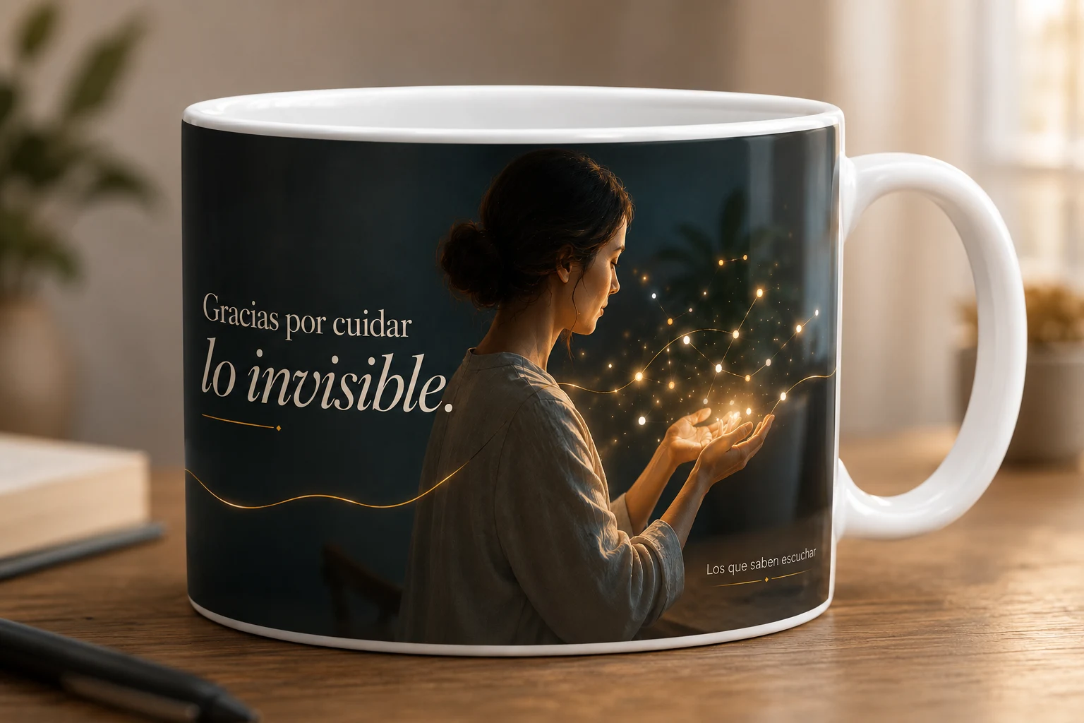 Mug VERBO 'Gracias por cuidar lo invisible', con ilustración de una figura sosteniendo una constelación de puntos luminosos