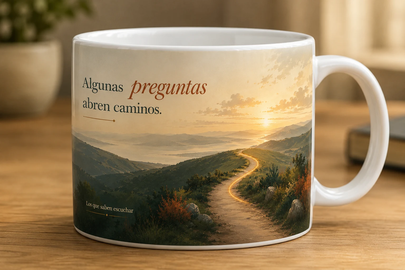 Mug VERBO 'Algunas preguntas abren caminos', con ilustración de un sendero curvo hacia un horizonte luminoso