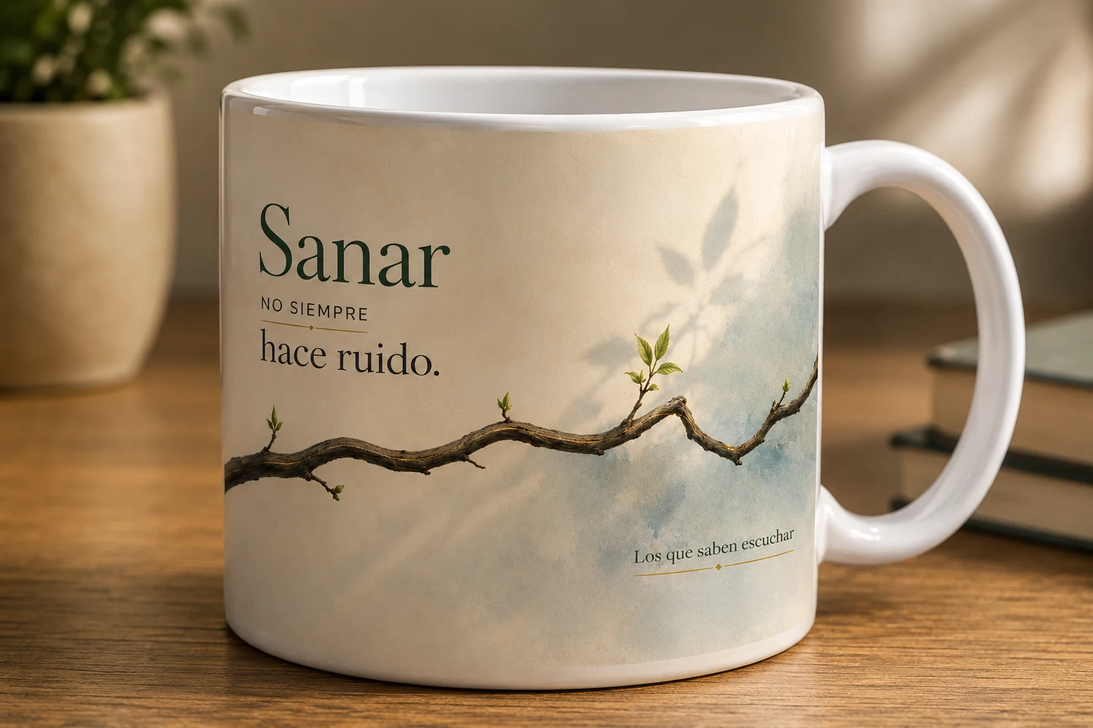 Mug VERBO 'Sanar no siempre hace ruido', con ilustración de una rama seca con pequeños brotes verdes nuevos