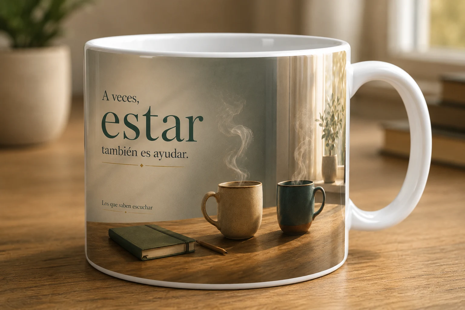 Mug VERBO 'A veces, estar también es ayudar', con ilustración de dos tazas humeantes junto a una ventana