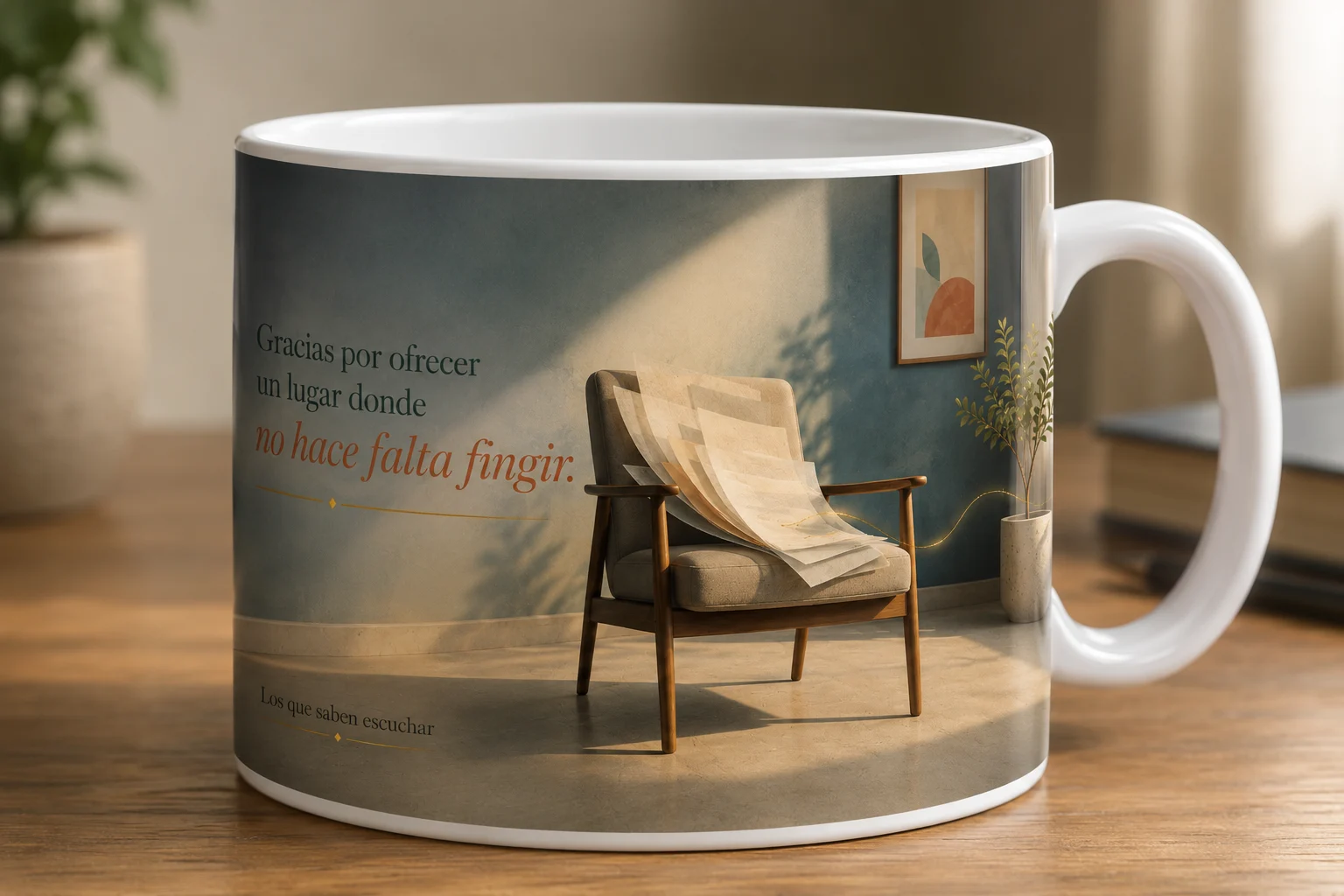 Mug VERBO 'Gracias por ofrecer un lugar donde no hace falta fingir', con ilustración de una silla con capas de papel translúcido