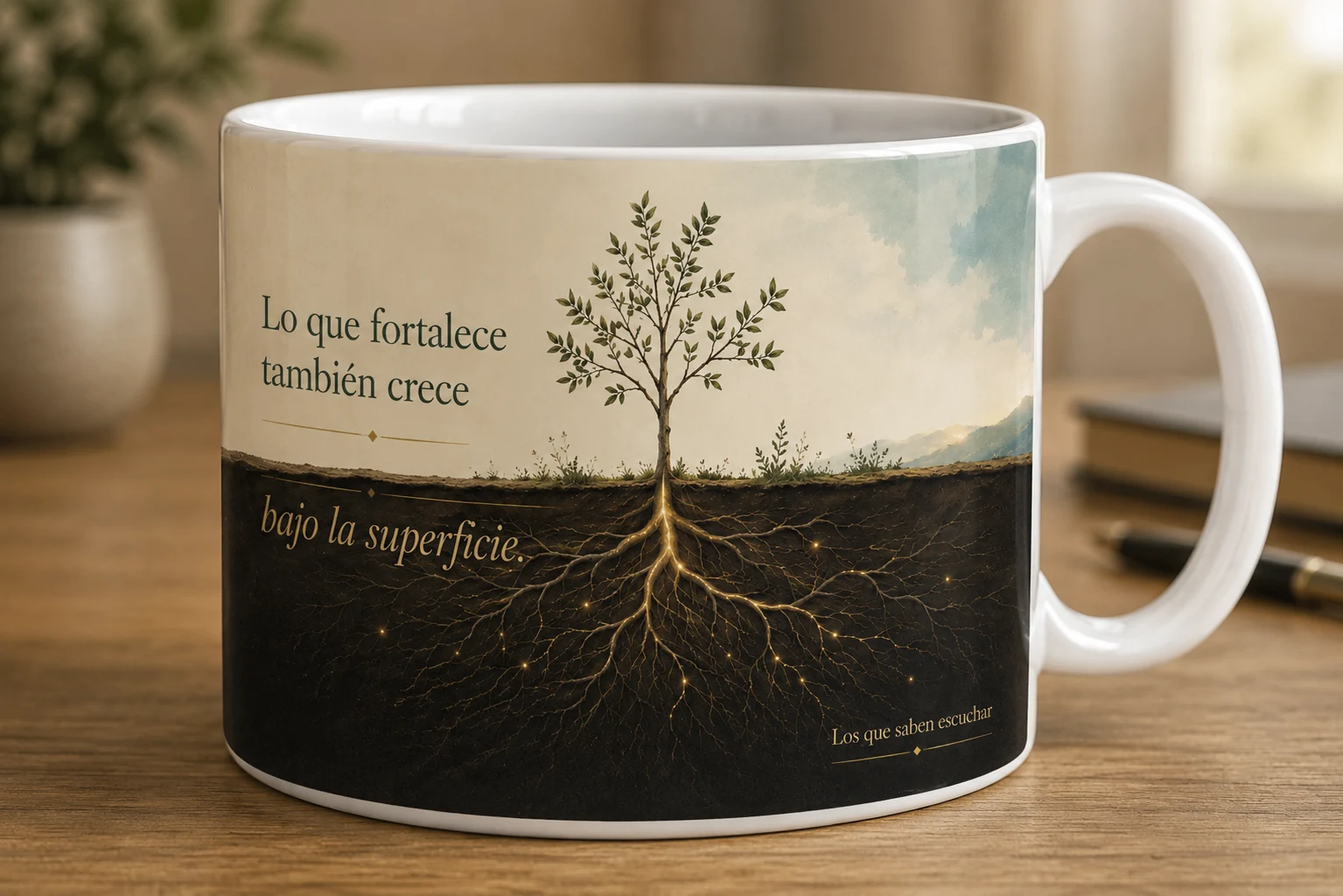 Mug VERBO 'Lo que fortalece también crece bajo la superficie', con ilustración de un árbol joven con raíces doradas expandidas bajo tierra