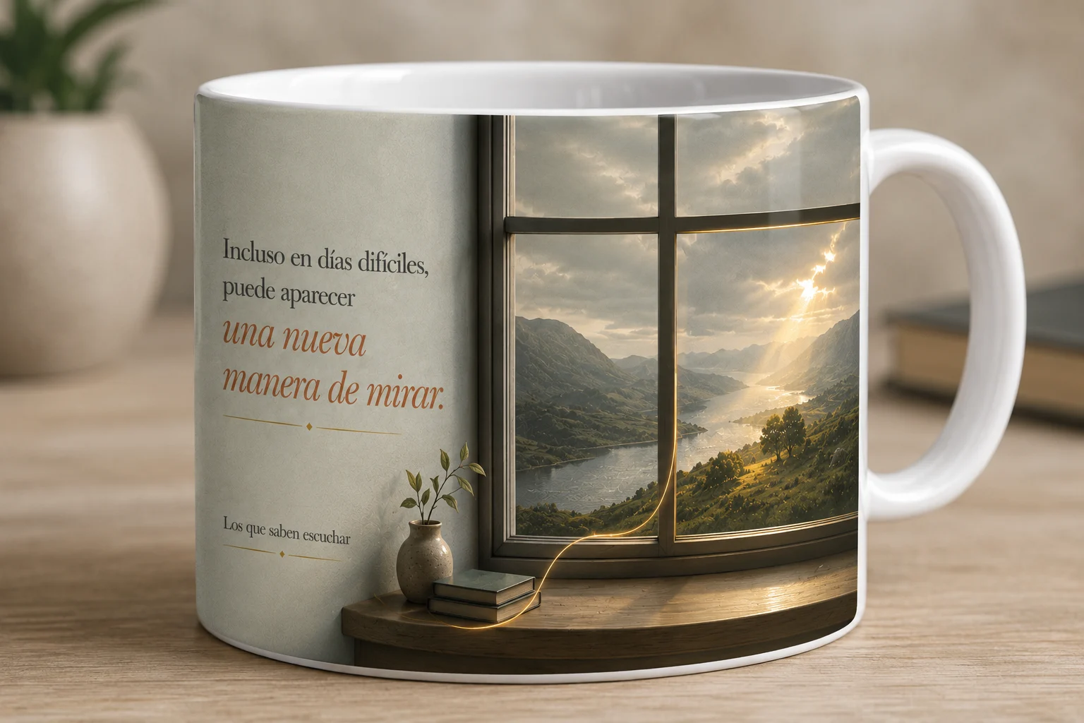 Mug VERBO 'Incluso en días difíciles, puede aparecer una nueva manera de mirar', con ilustración de una ventana con vista a un paisaje bajo cielo gris