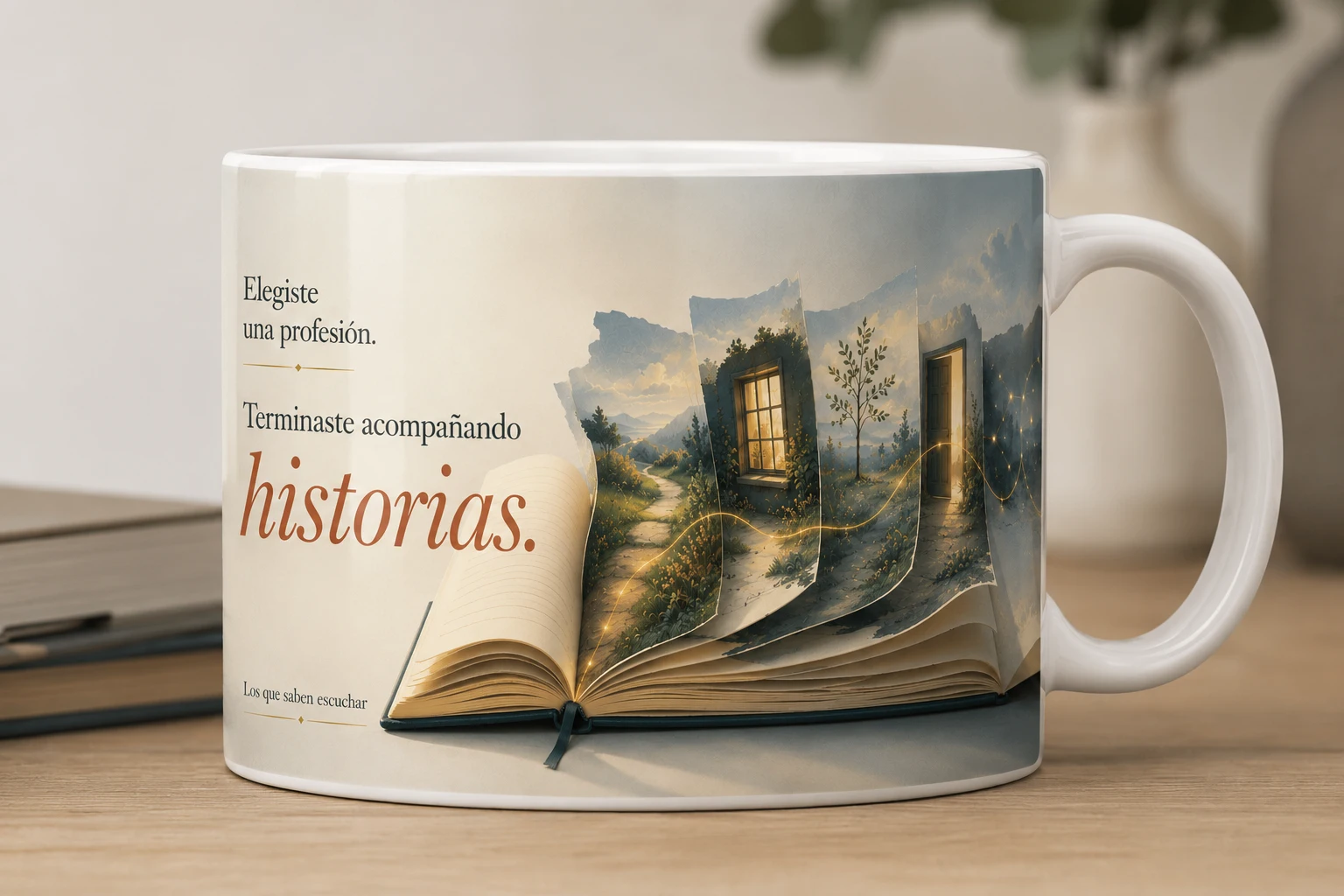 Mug VERBO 'Elegiste una profesión, terminaste acompañando historias', con ilustración de una libreta cuyas páginas se transforman en paisajes simbólicos