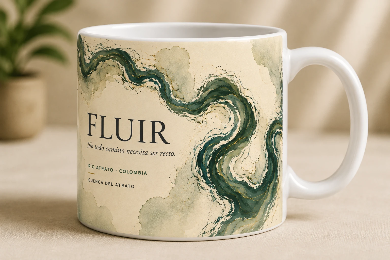 Mug VERBO 'No todo camino necesita ser recto', arte editorial abstracto del Río Atrato, cuenca del Atrato, Colombia