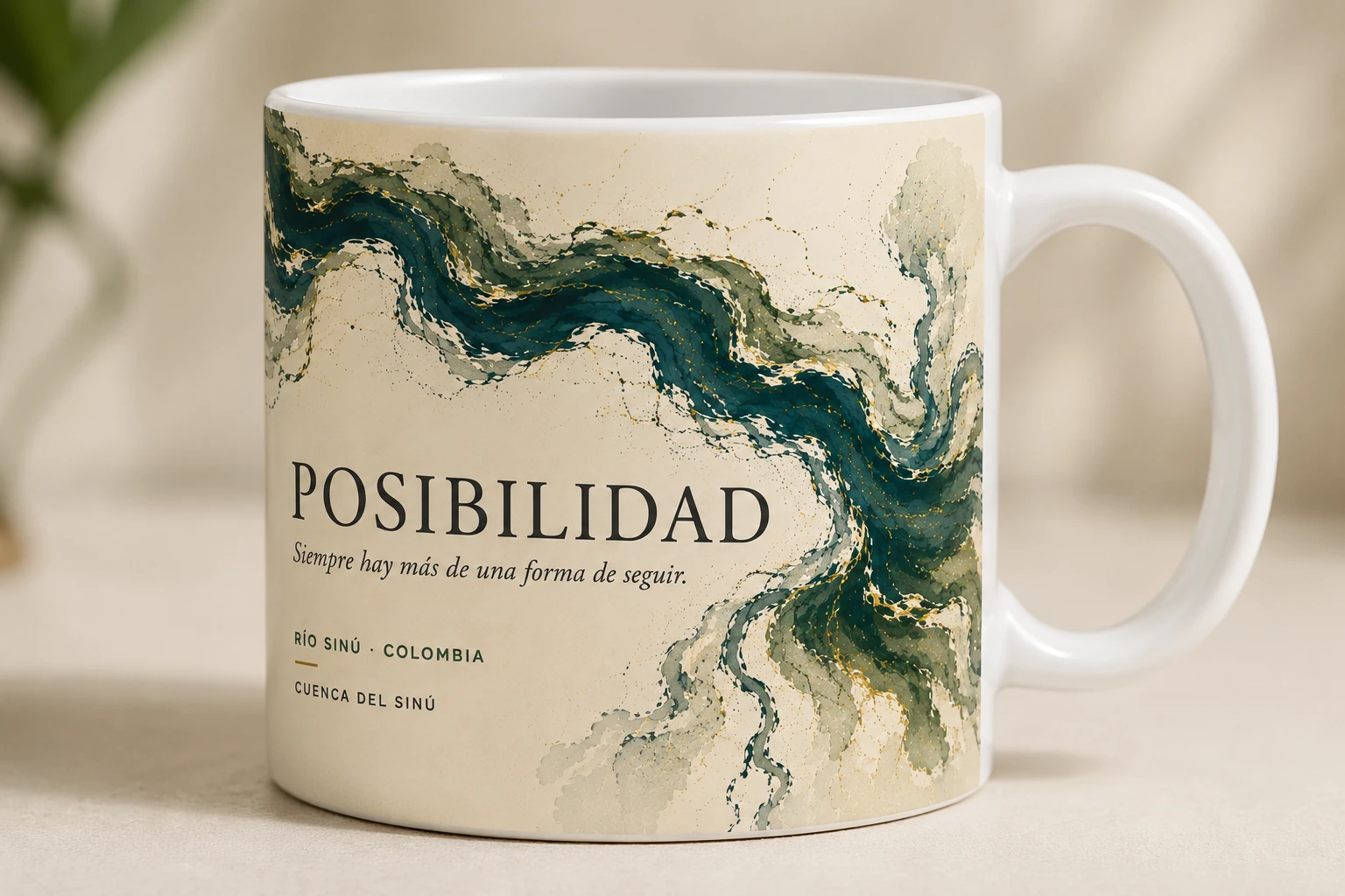 Mug VERBO 'Siempre hay más de una forma de seguir', arte editorial abstracto del Río Sinú, cuenca del Sinú, Colombia