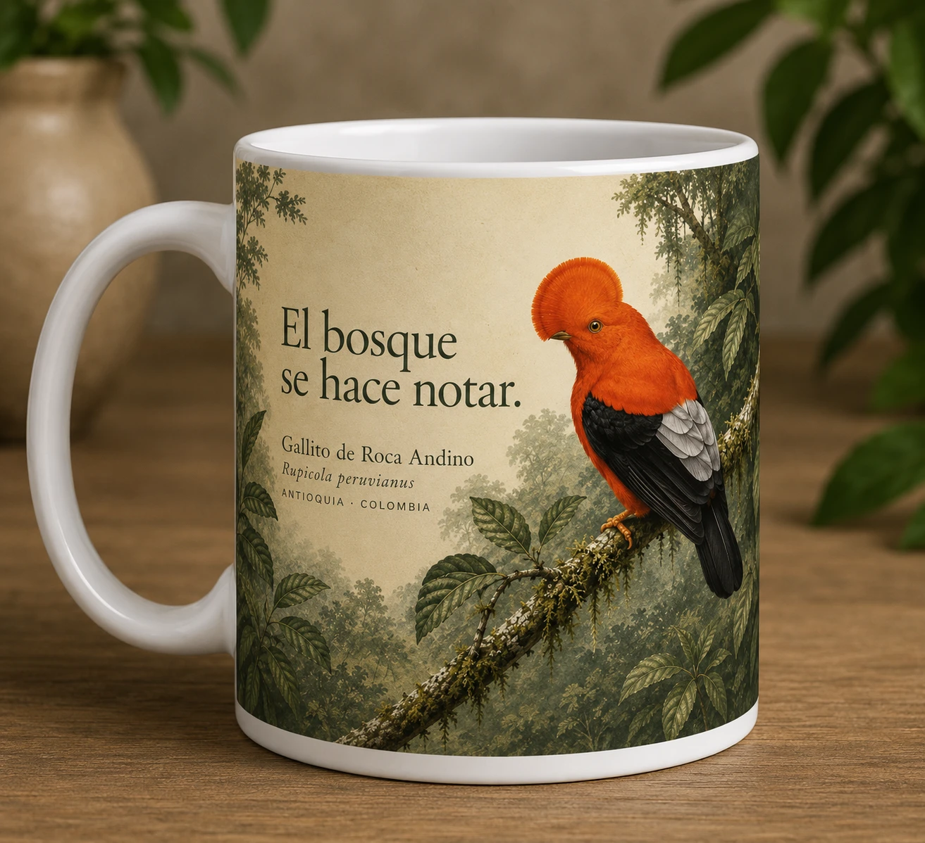 Mug VERBO 'El bosque se hace notar', retrato editorial de un Gallito de Roca Andino (Rupicola peruvianus) posado en el bosque de Antioquia