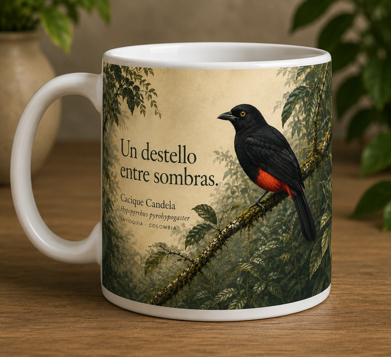 Mug VERBO 'Un destello entre sombras', retrato editorial de un Cacique Candela (Hypopyrrhus pyrohypogaster) posado en el bosque de Antioquia