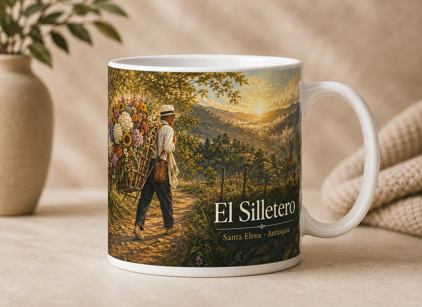 Mug VERBO 'El Silletero', ilustración de un silletero caminando por un sendero de Santa Elena al amanecer