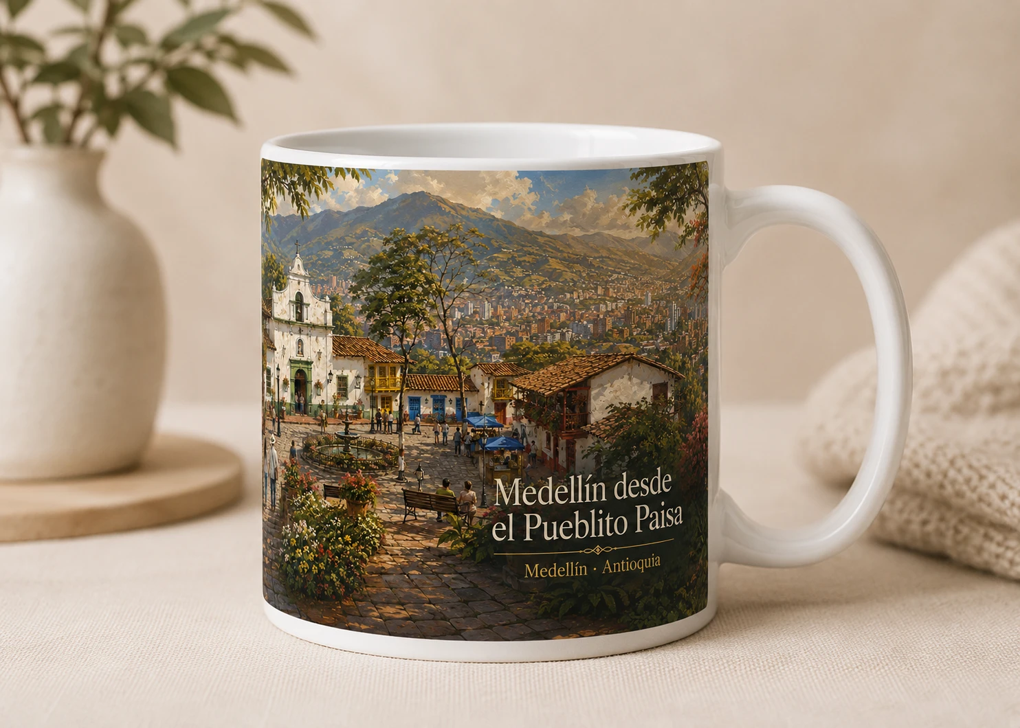 Mug VERBO 'Medellín desde el Pueblito Paisa', ilustración de plaza colonial con vista panorámica de la ciudad