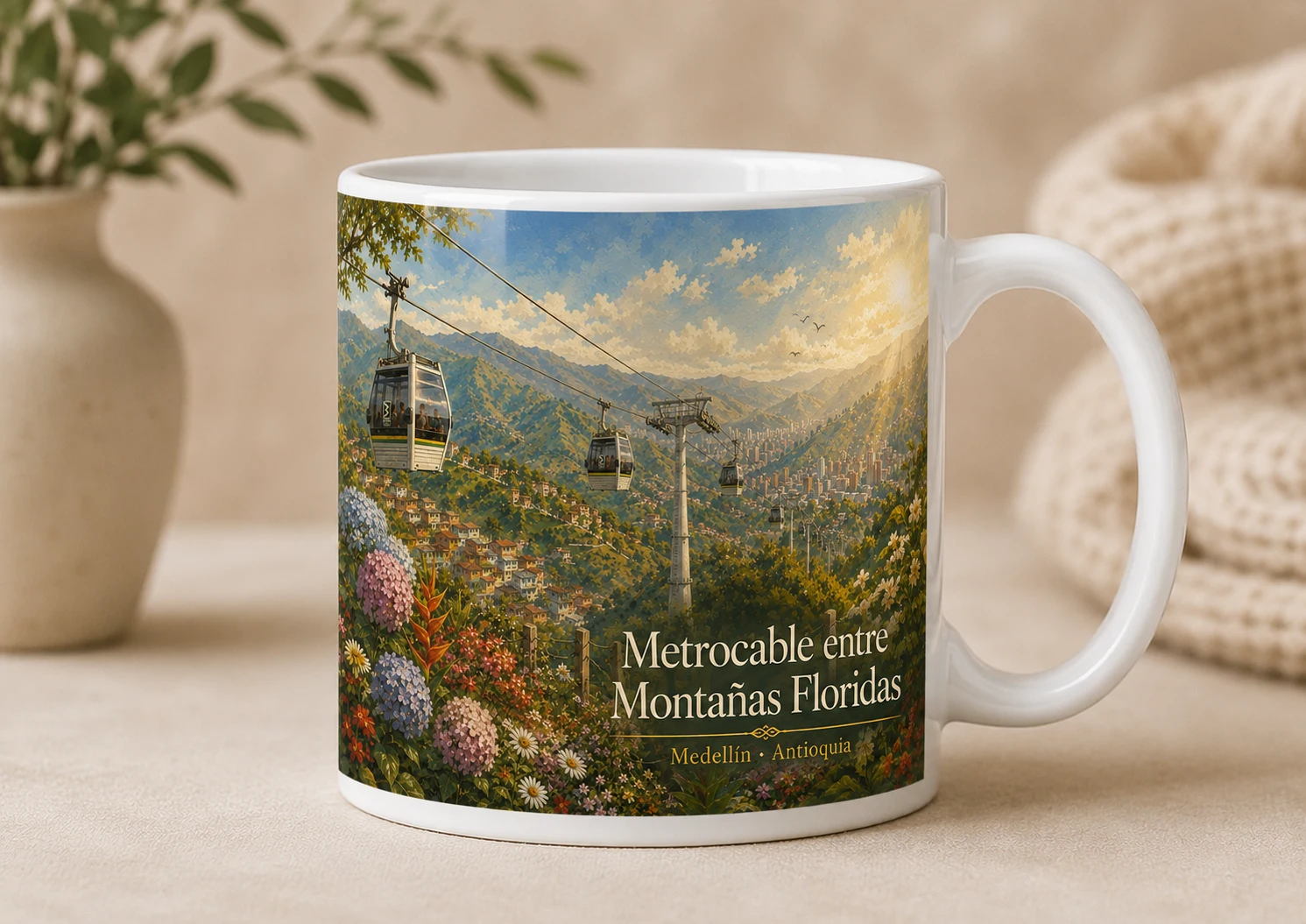Mug VERBO 'Metrocable entre Montañas Floridas', ilustración de cabinas de teleférico sobre las montañas de Medellín