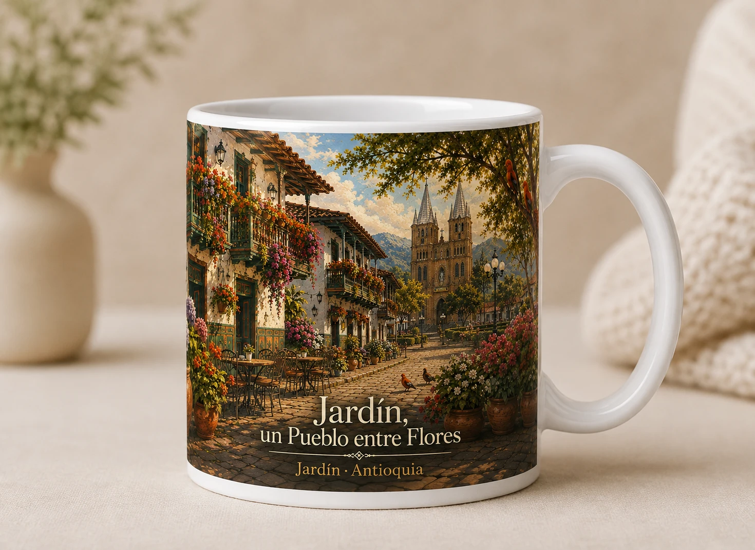 Mug VERBO 'Jardín, un Pueblo entre Flores', ilustración de calle colonial con balcones floridos y catedral al fondo