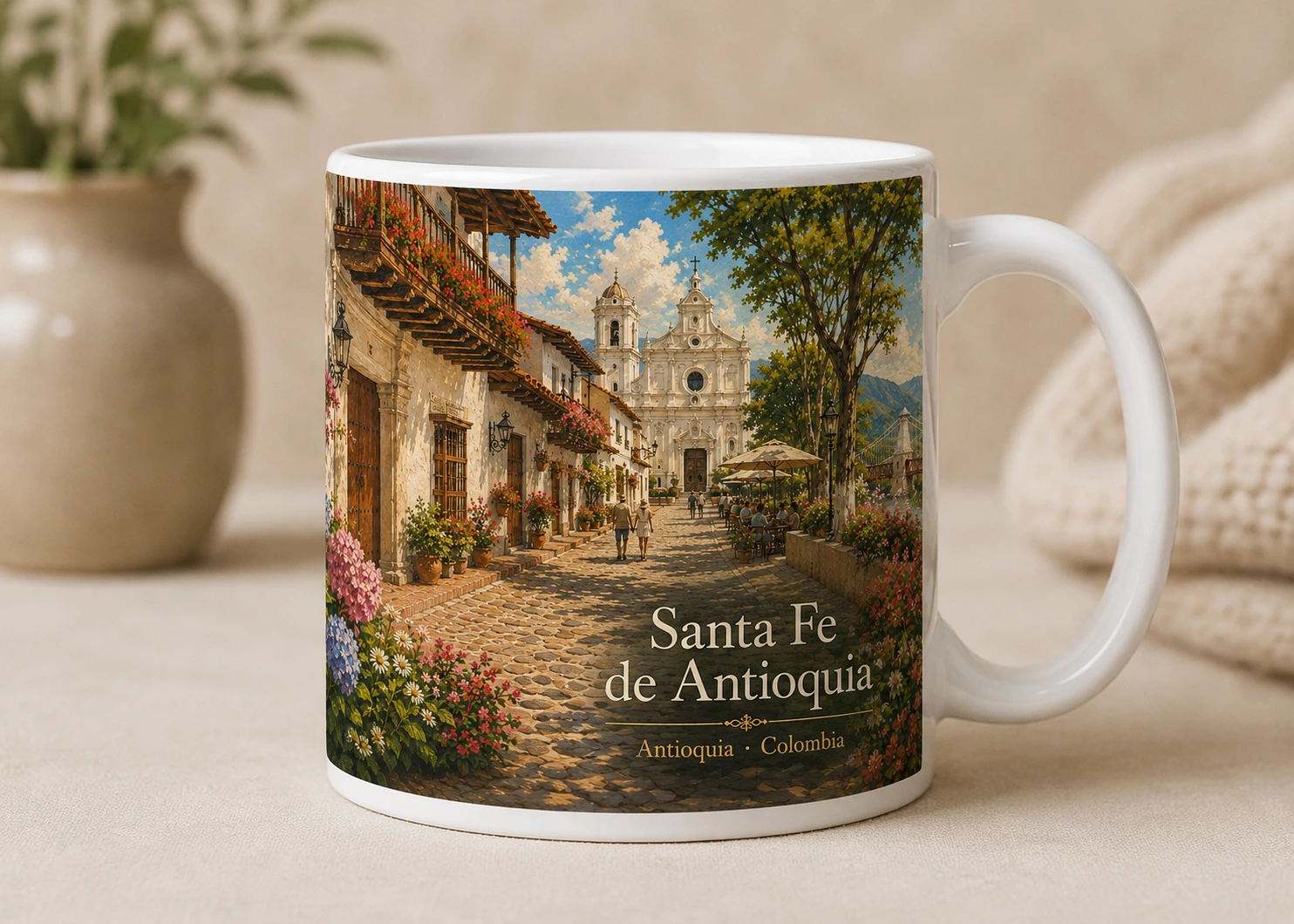 Mug VERBO 'Santa Fe de Antioquia', ilustración de calle empedrada colonial con iglesia al fondo