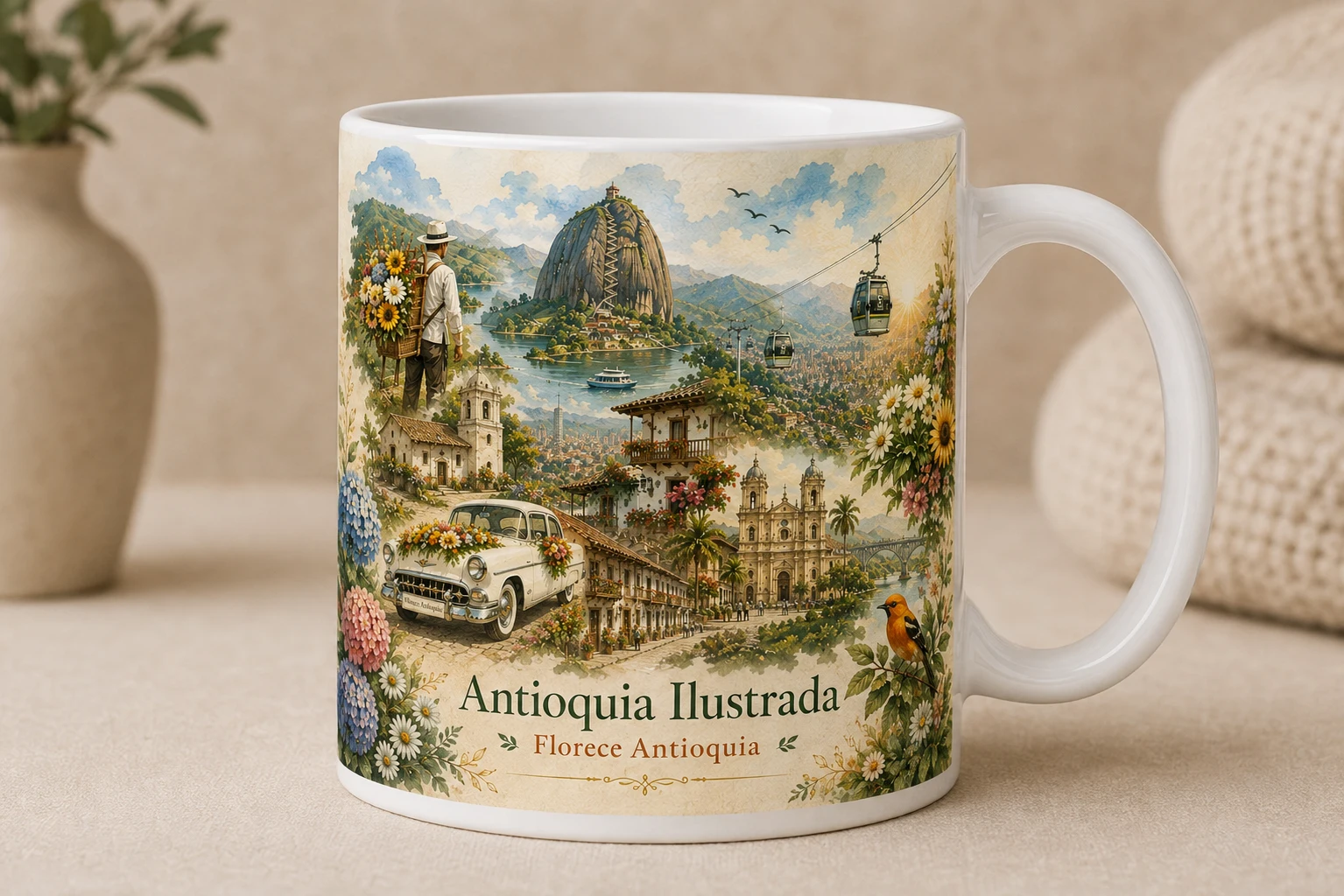Mug VERBO 'Antioquia Ilustrada', collage editorial de paisajes y lugares emblemáticos del departamento