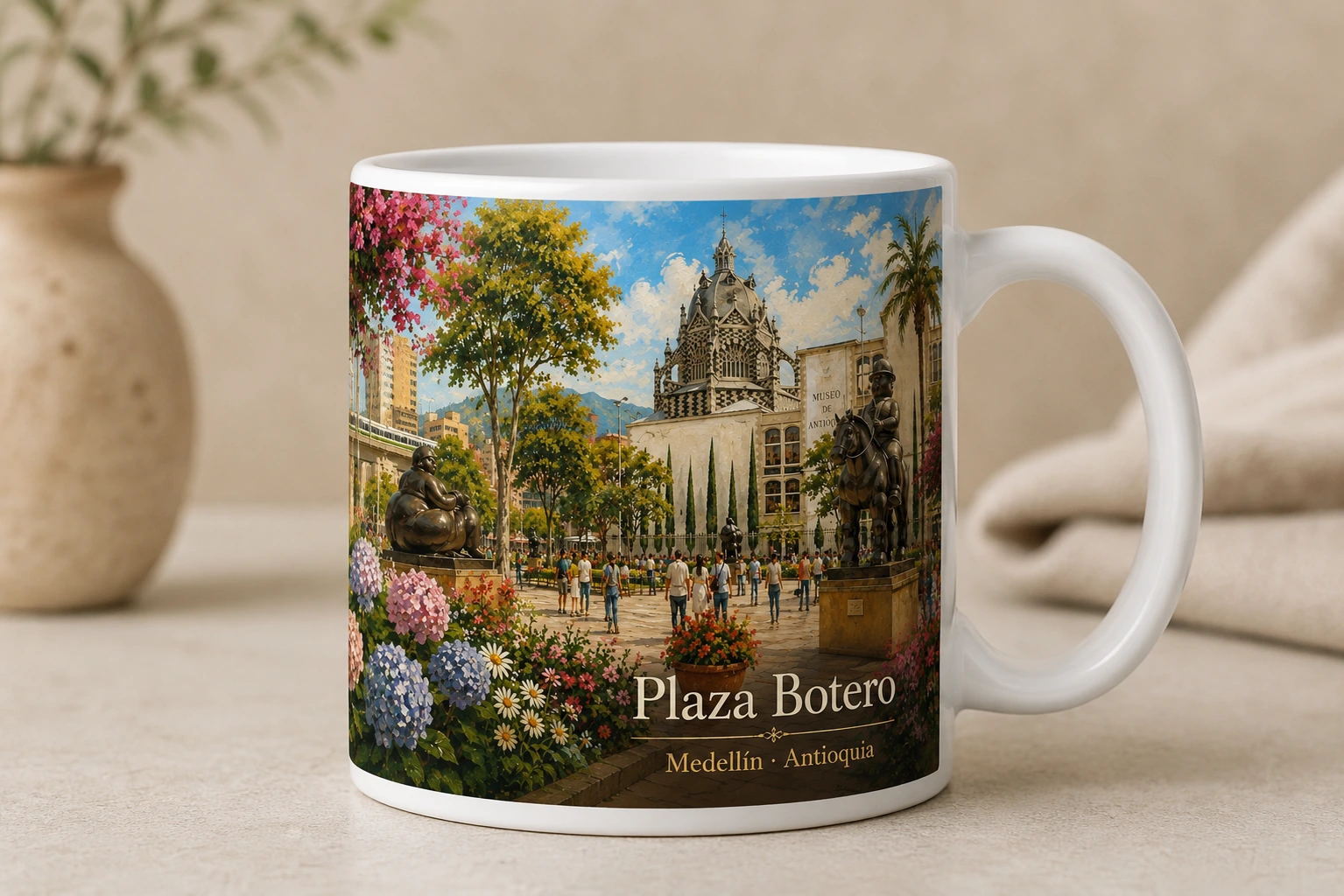 Mug VERBO 'Plaza Botero', ilustración de la plaza pública con el Museo de Antioquia al fondo