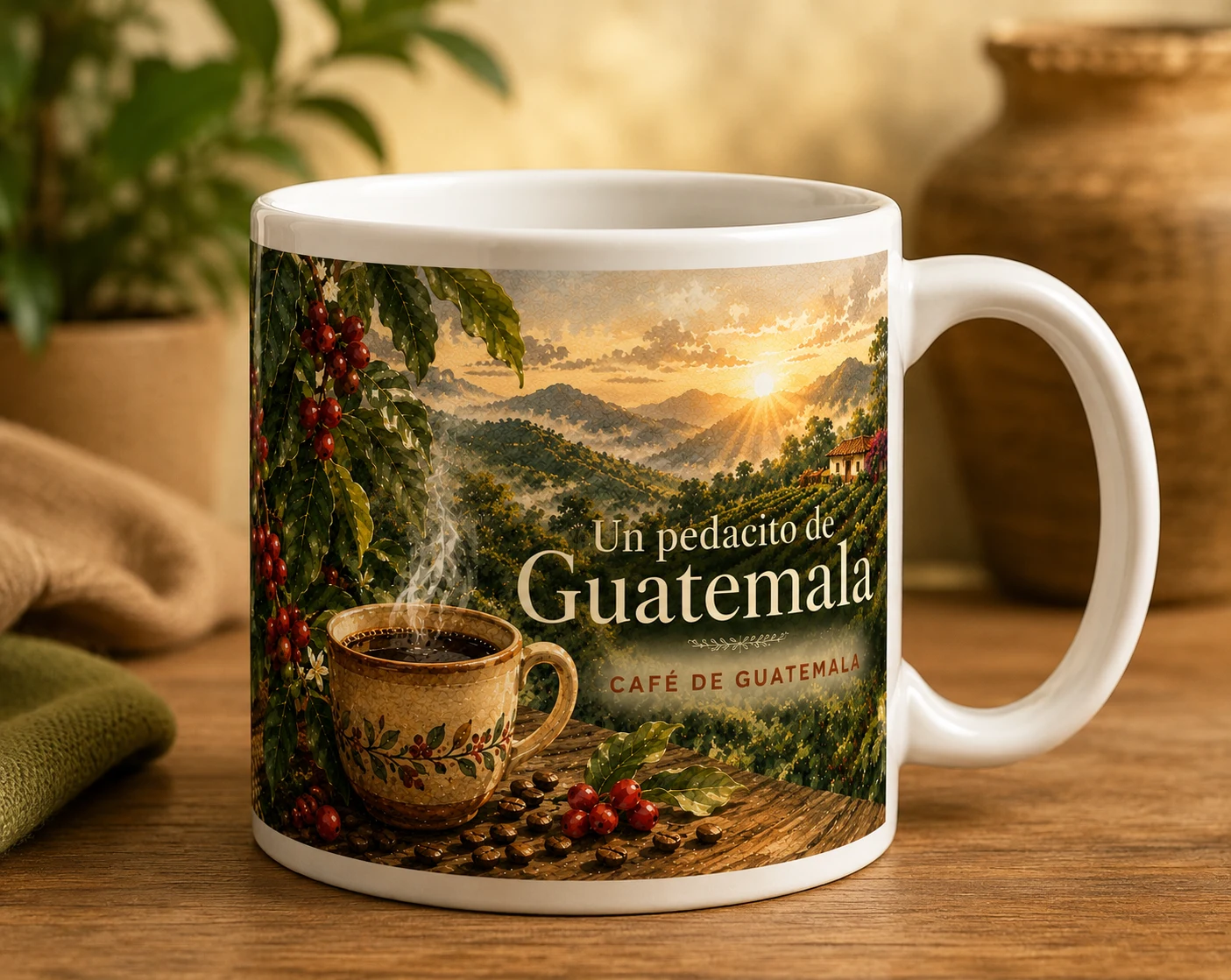 Mug VERBO 'Café de Guatemala', ilustración de una taza humeante junto a ramas de cafeto y una plantación en las montañas al amanecer