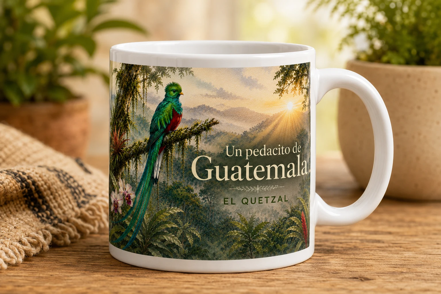 Mug VERBO 'El Quetzal', ilustración del ave nacional de Guatemala posada en el bosque nuboso