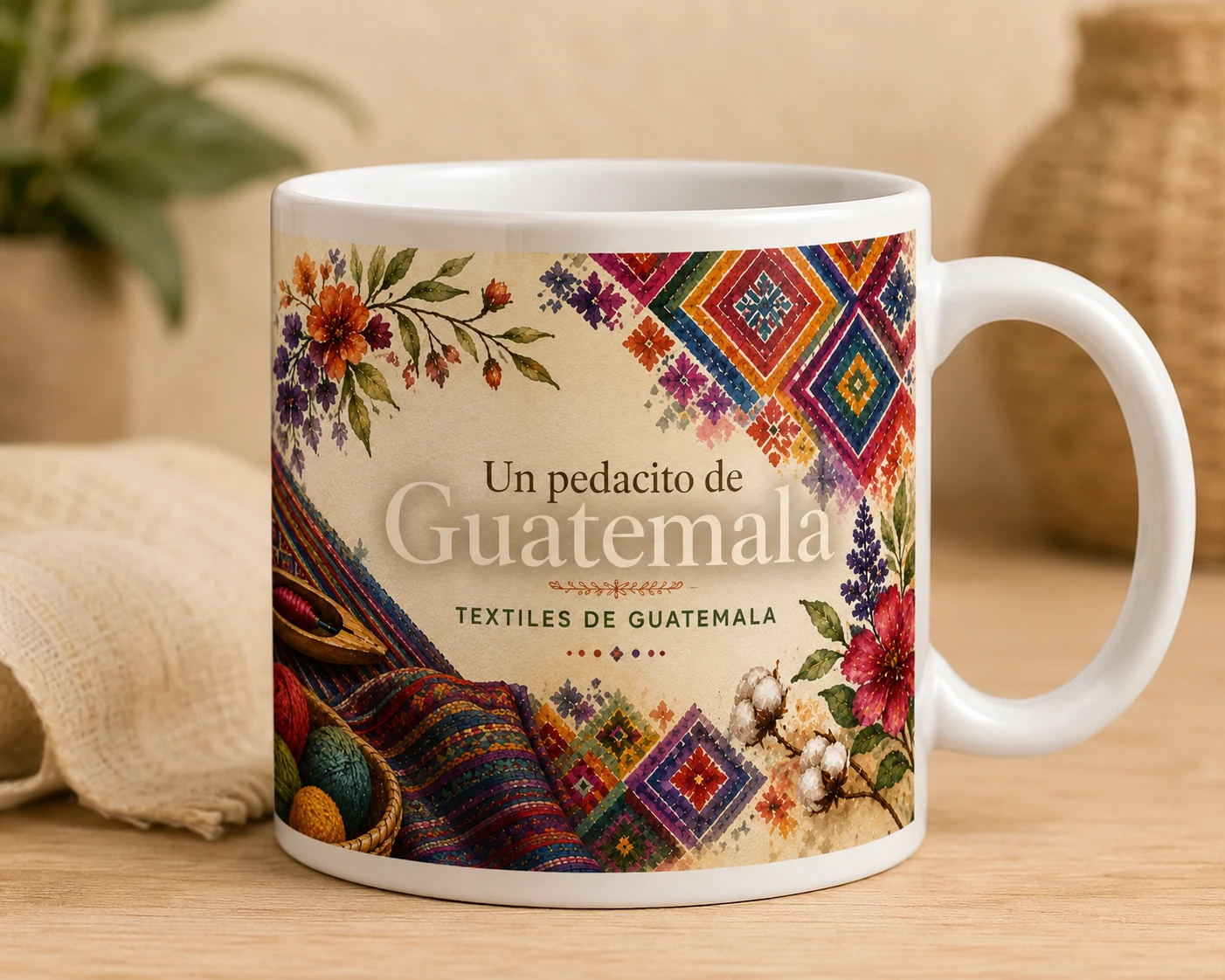 Mug VERBO 'Textiles de Guatemala', ilustración de patrones geométricos originales inspirados en los tejidos tradicionales guatemaltecos