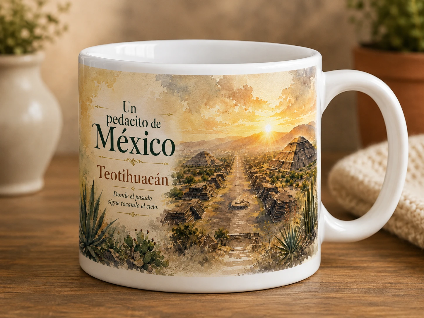 Mug VERBO 'Teotihuacán', ilustración de la Avenida de los Muertos y las Pirámides del Sol y la Luna al amanecer