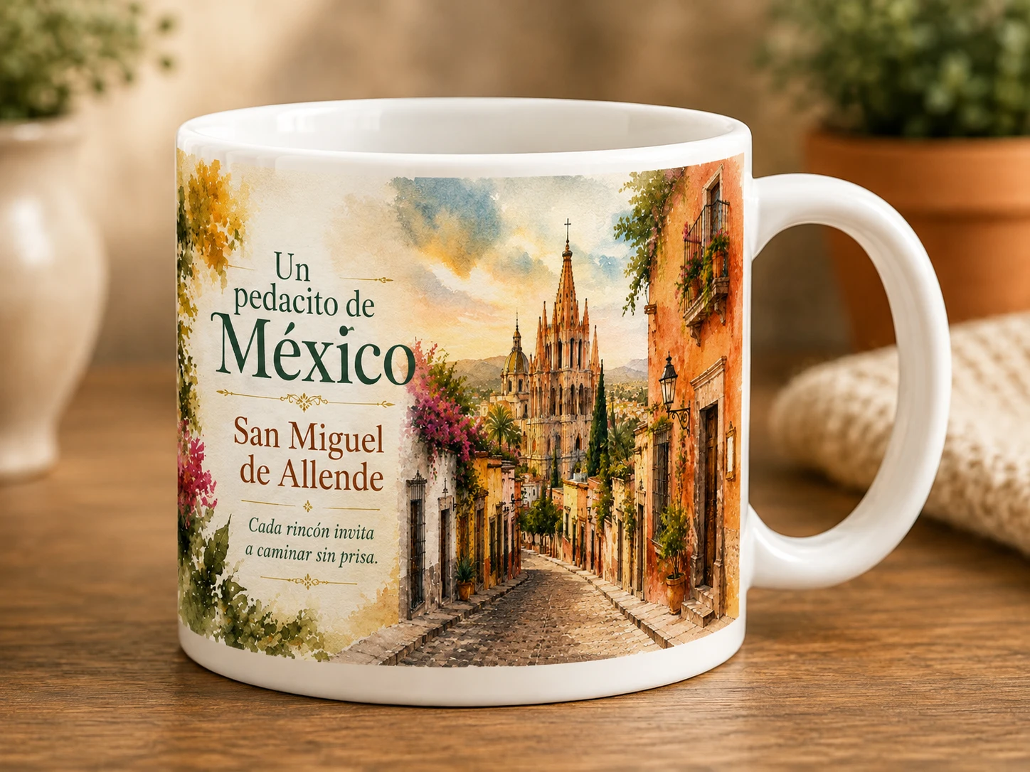 Mug VERBO 'San Miguel de Allende', ilustración de la Parroquia de San Miguel Arcángel y calles empedradas con flores