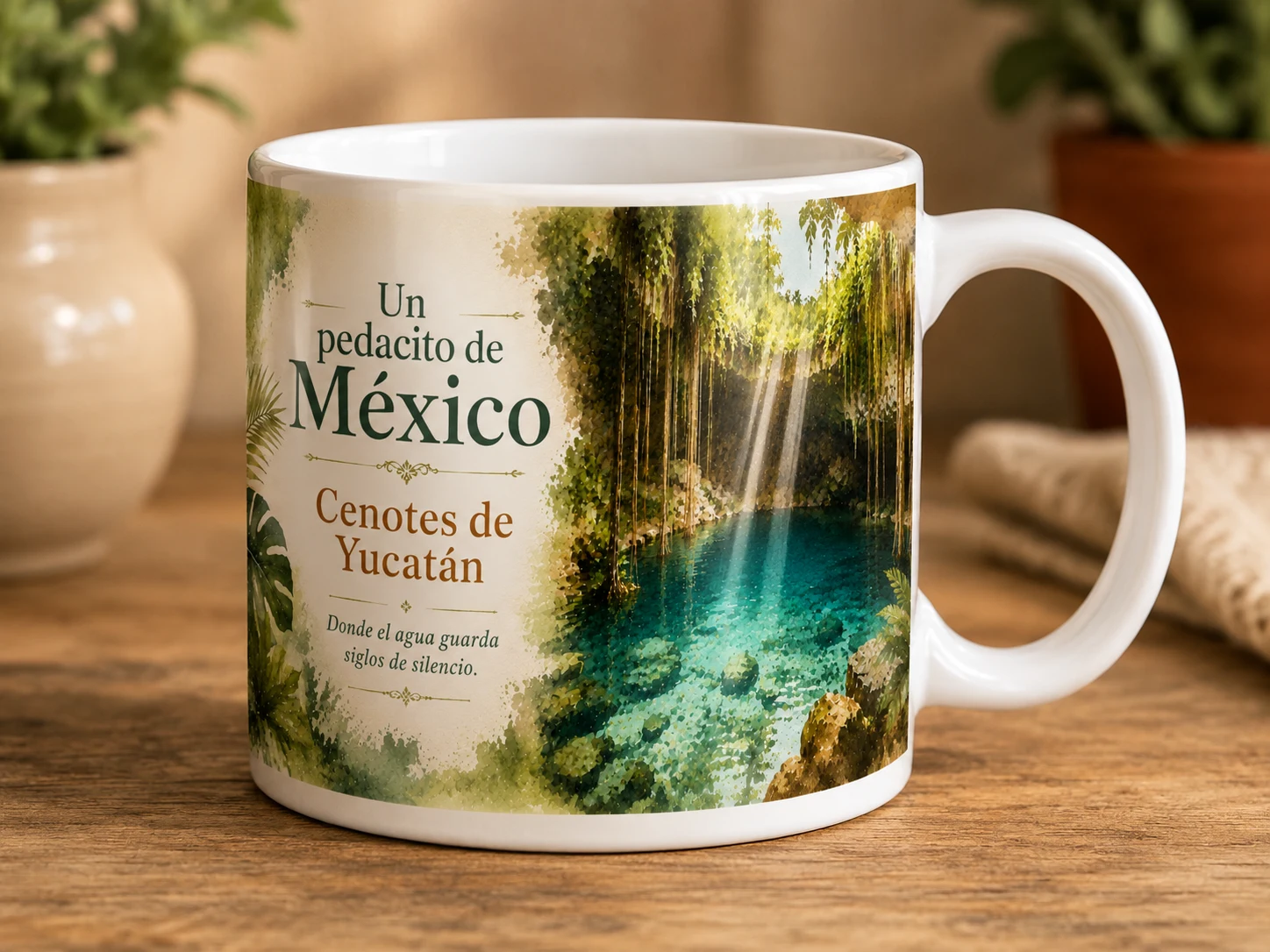 Mug VERBO 'Cenotes de Yucatán', ilustración de un cenote con agua turquesa, raíces colgantes y rayos de luz