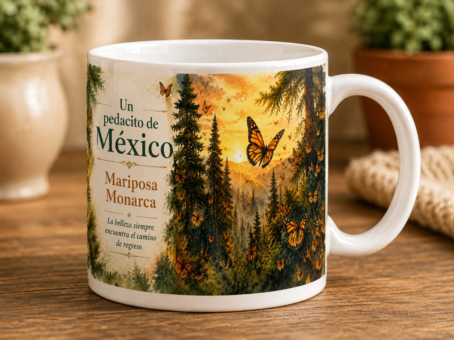 Mug VERBO 'Mariposa Monarca', ilustración de un bosque de oyameles con miles de mariposas monarca en vuelo