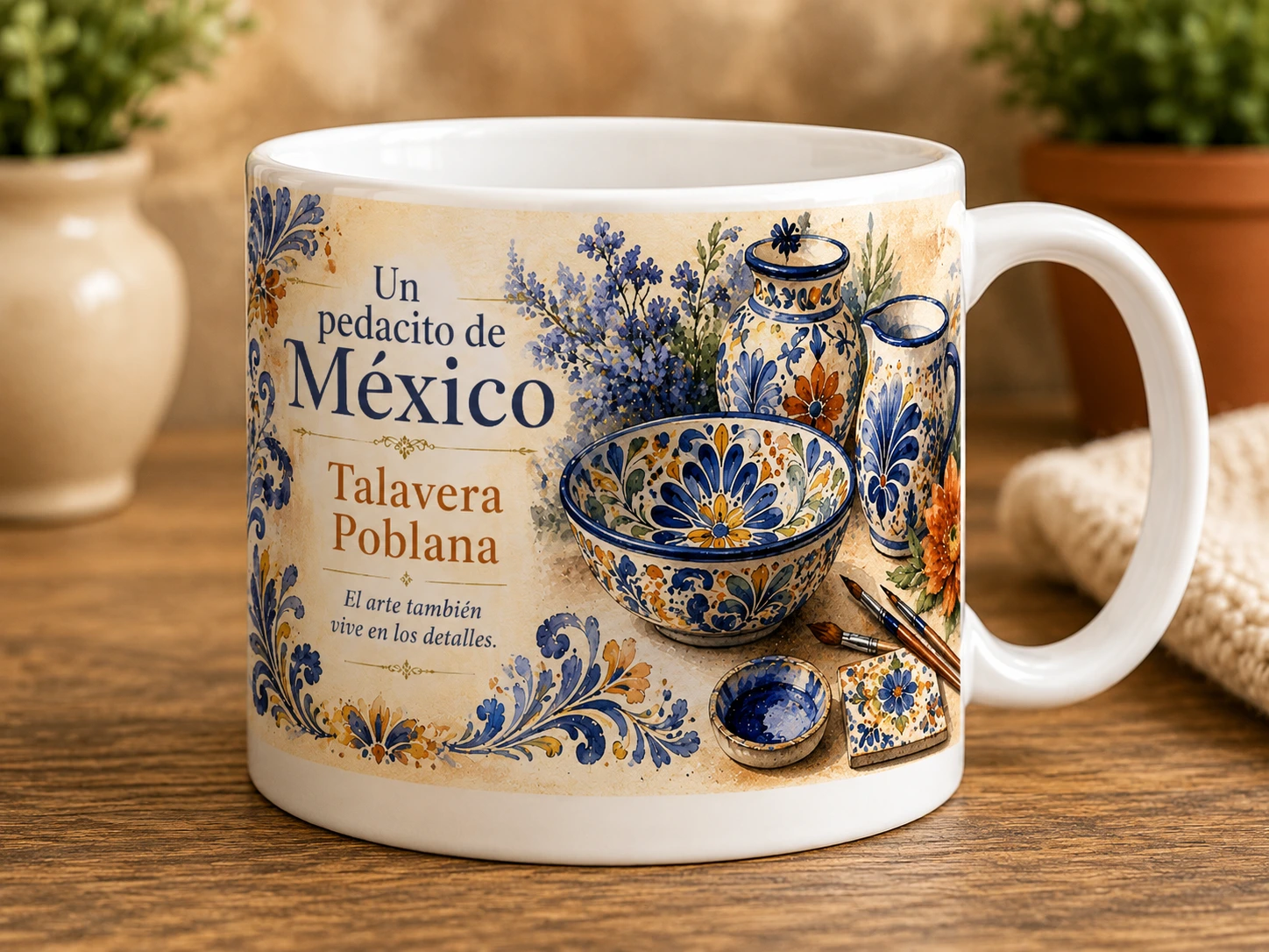 Mug VERBO 'Talavera Poblana', ilustración de cerámica artesanal, pinceles y flores con patrones originales inspirados en la Talavera