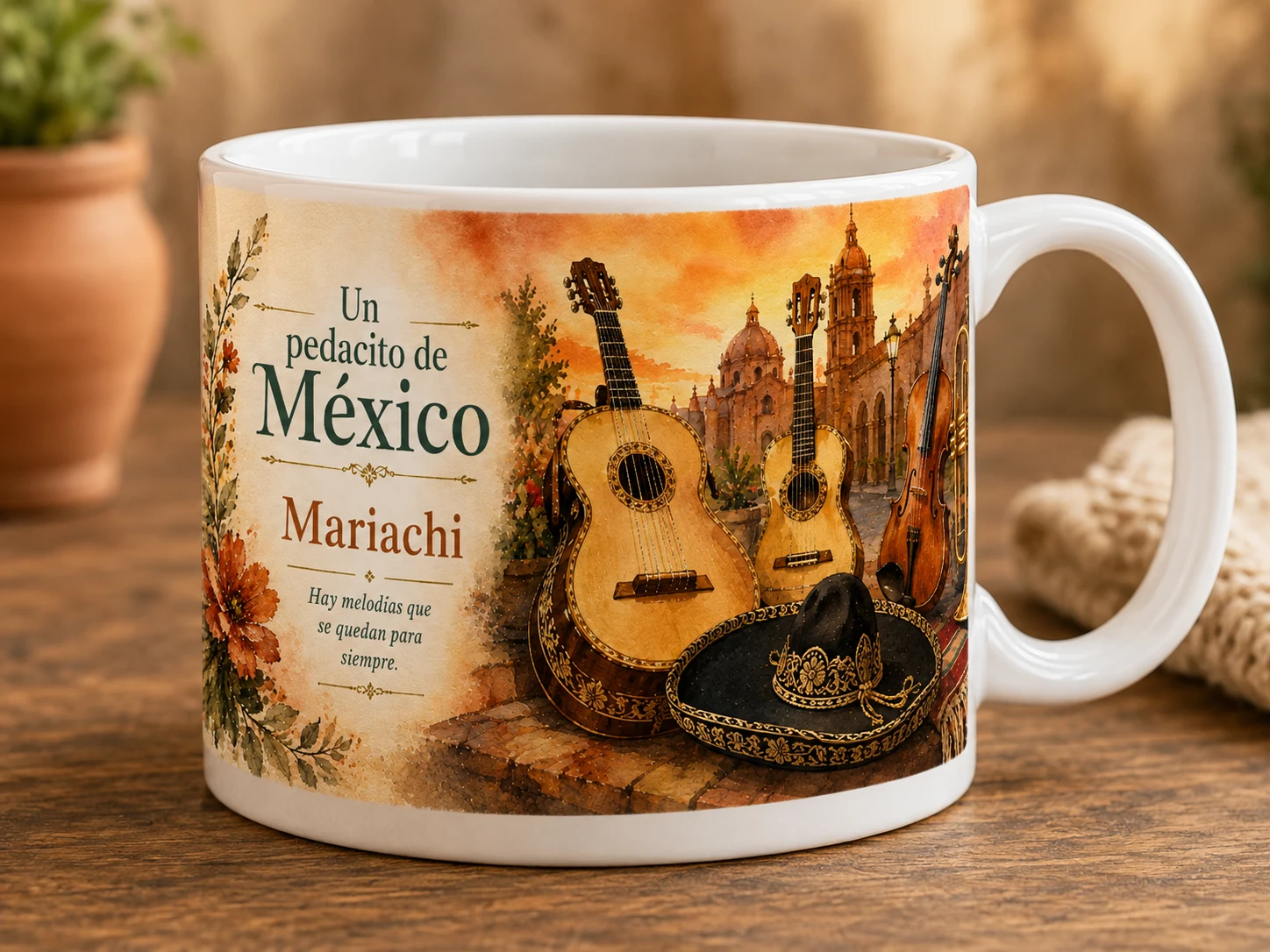 Mug VERBO 'Mariachi', ilustración de guitarrón, vihuela, violín y sombrero de charro bordado frente a una plaza al atardecer