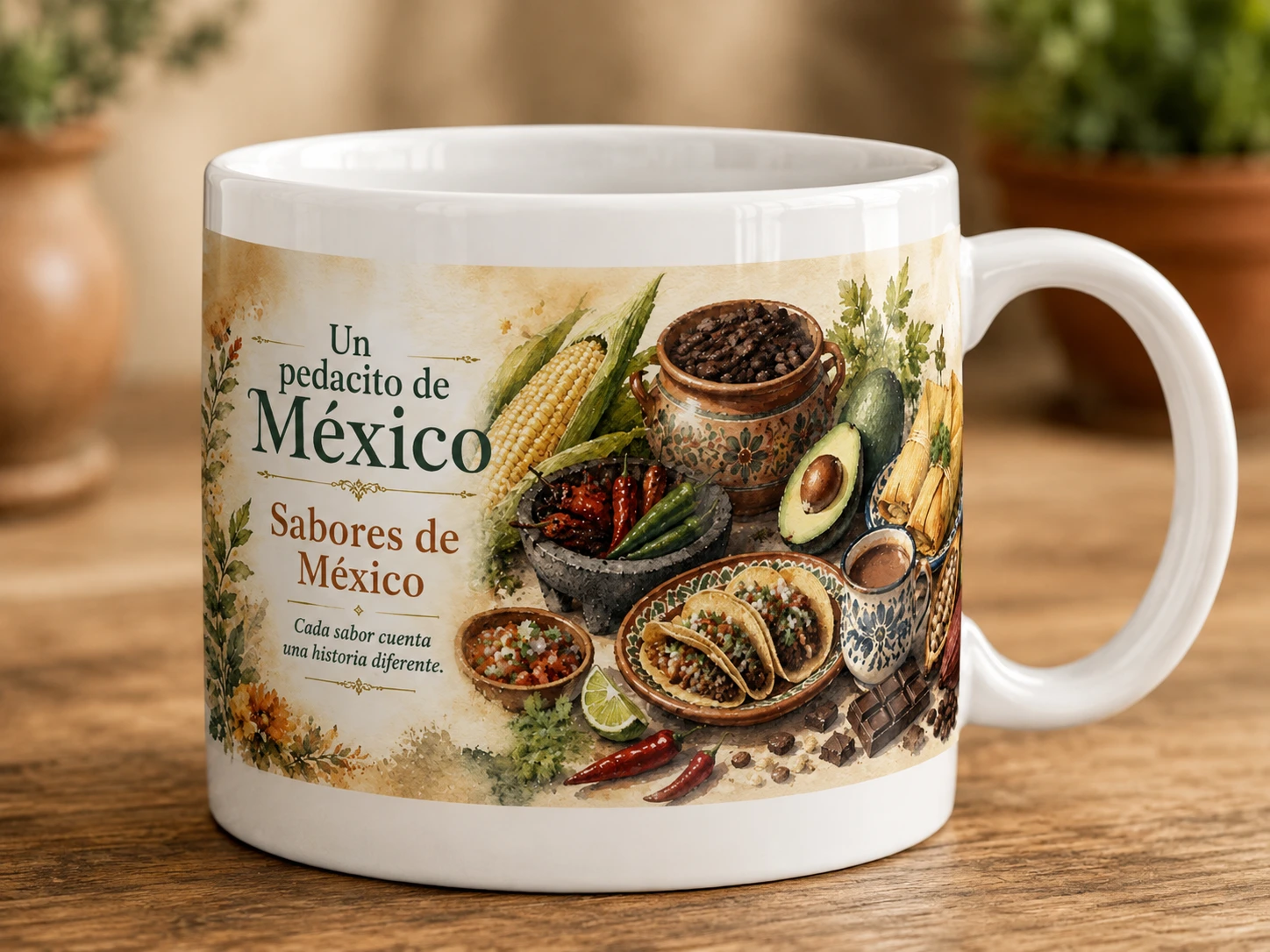 Mug VERBO 'Sabores de México', ilustración de maíz, cacao, chile, aguacate, tacos, tamales y chocolate