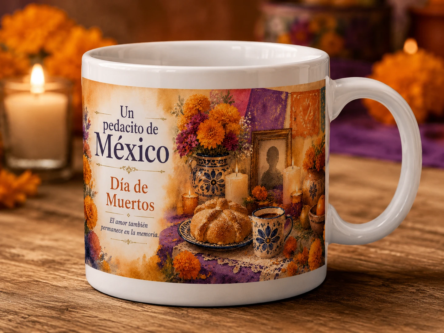 Mug VERBO 'Día de Muertos', ilustración de una ofrenda tradicional con cempasúchil, velas, papel picado y pan de muerto